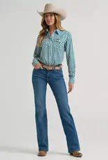 Womens Wrangler Performance Green Stipe Long Sleeve Button Western Shirt