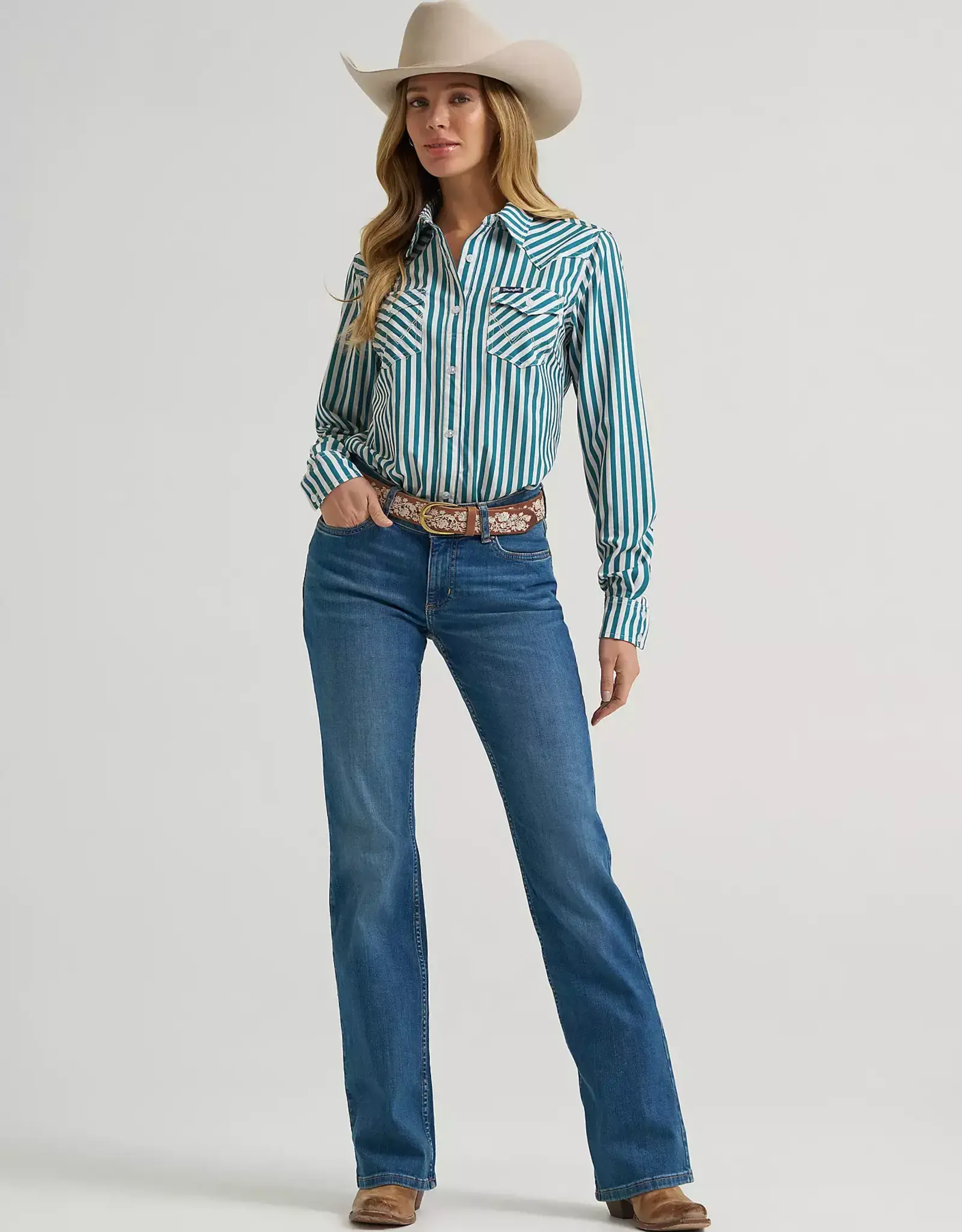 Womens Wrangler Performance Green Stipe Long Sleeve Button Western Shirt