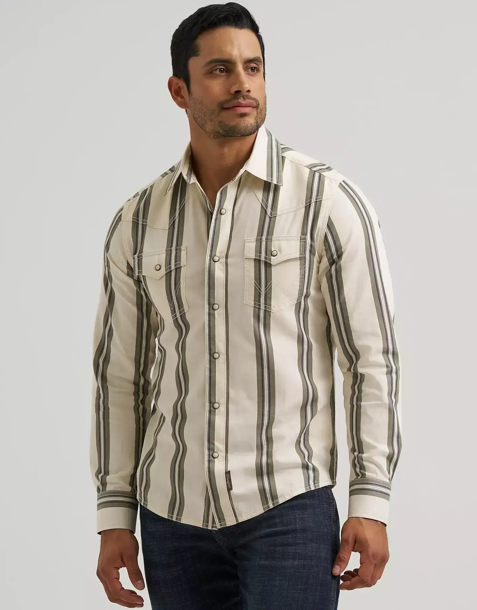 Mens Wrangler Olive Stripe Long Sleeve Classic Western Snap Shirt