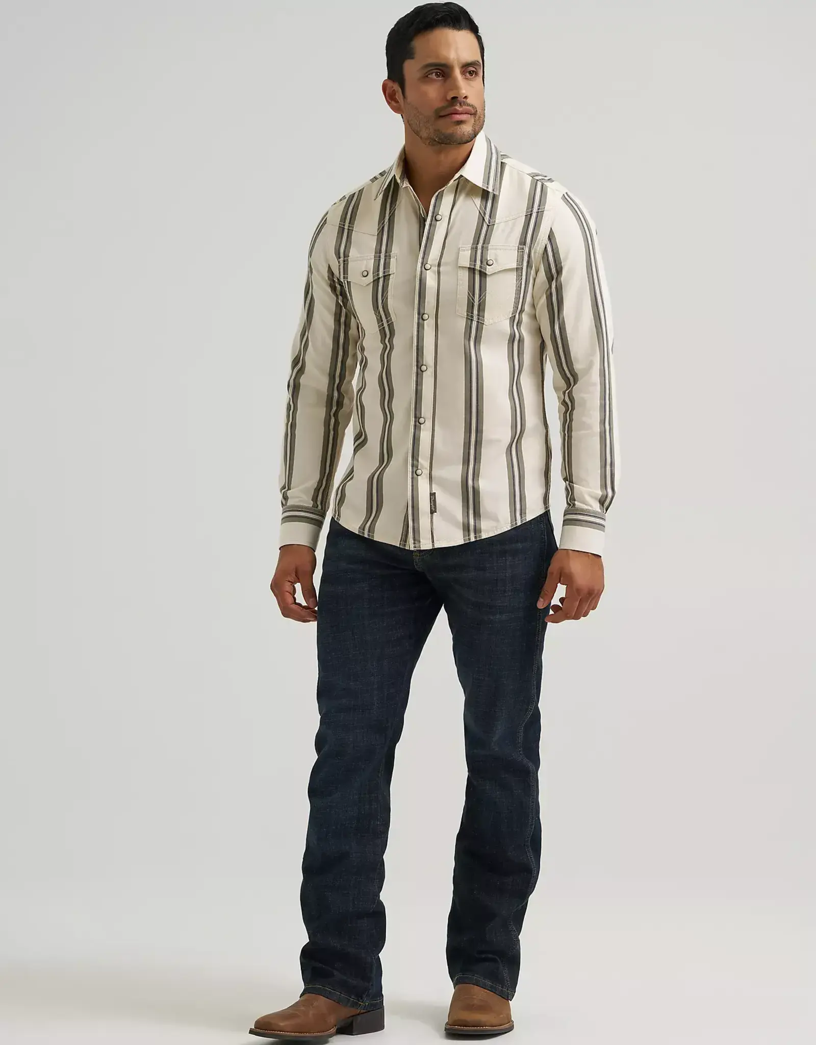 Mens Wrangler Olive Stripe Long Sleeve Classic Western Snap Shirt