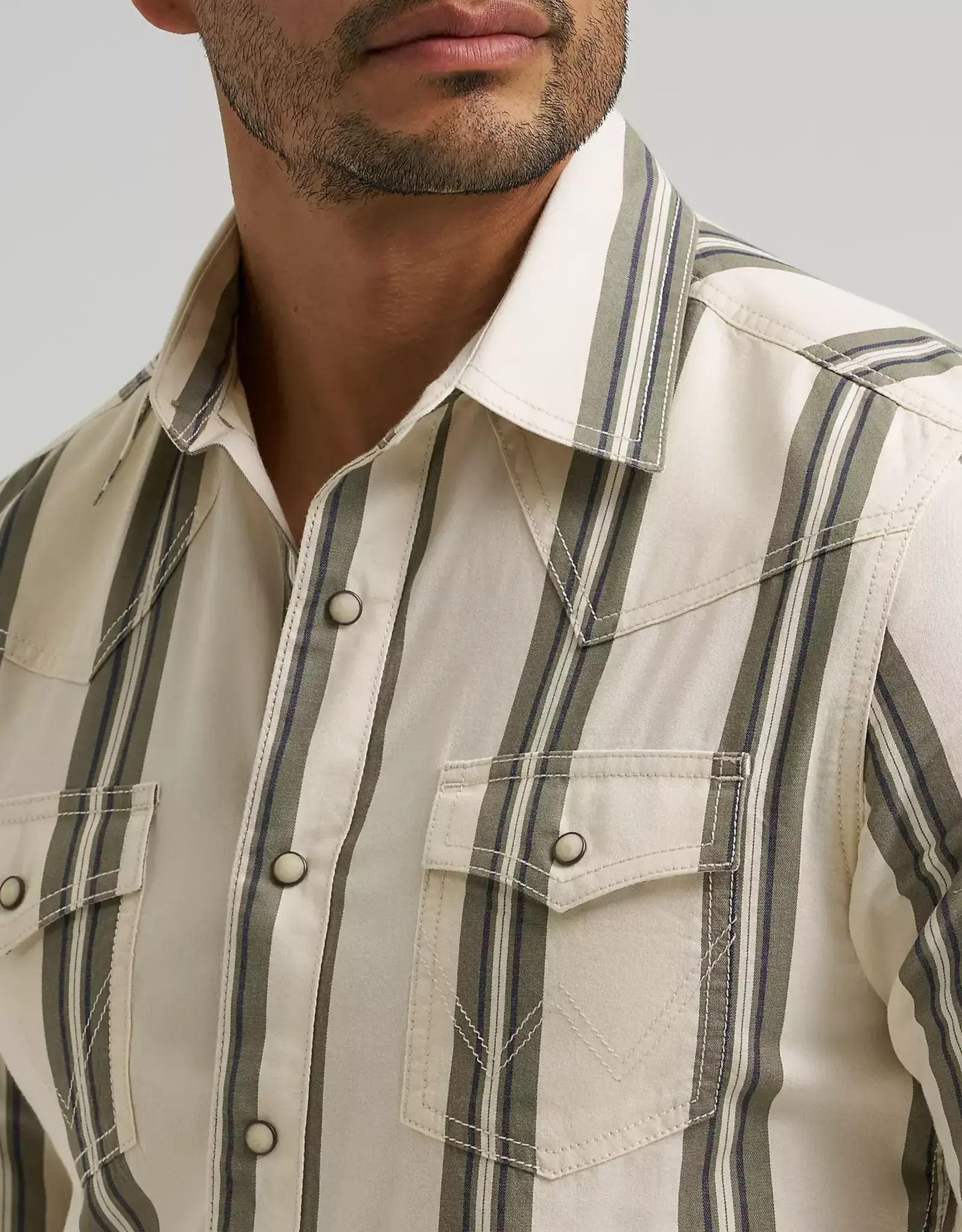 Mens Wrangler Olive Stripe Long Sleeve Classic Western Snap Shirt