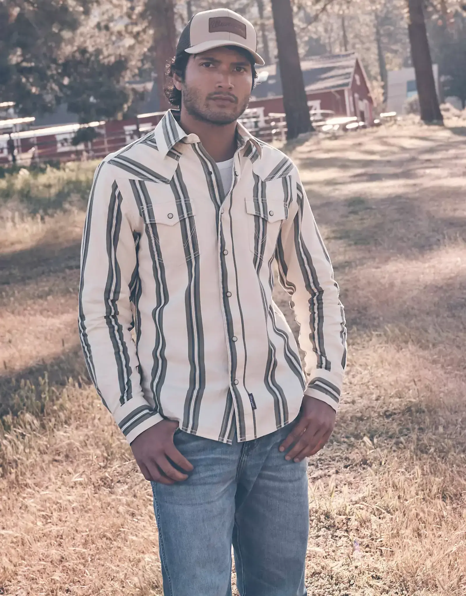 Mens Wrangler Olive Stripe Long Sleeve Classic Western Snap Shirt