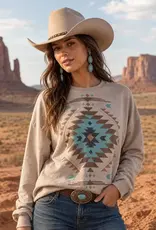 Womens Tan Aztec Long Sleeve French Terry Sweatshirt