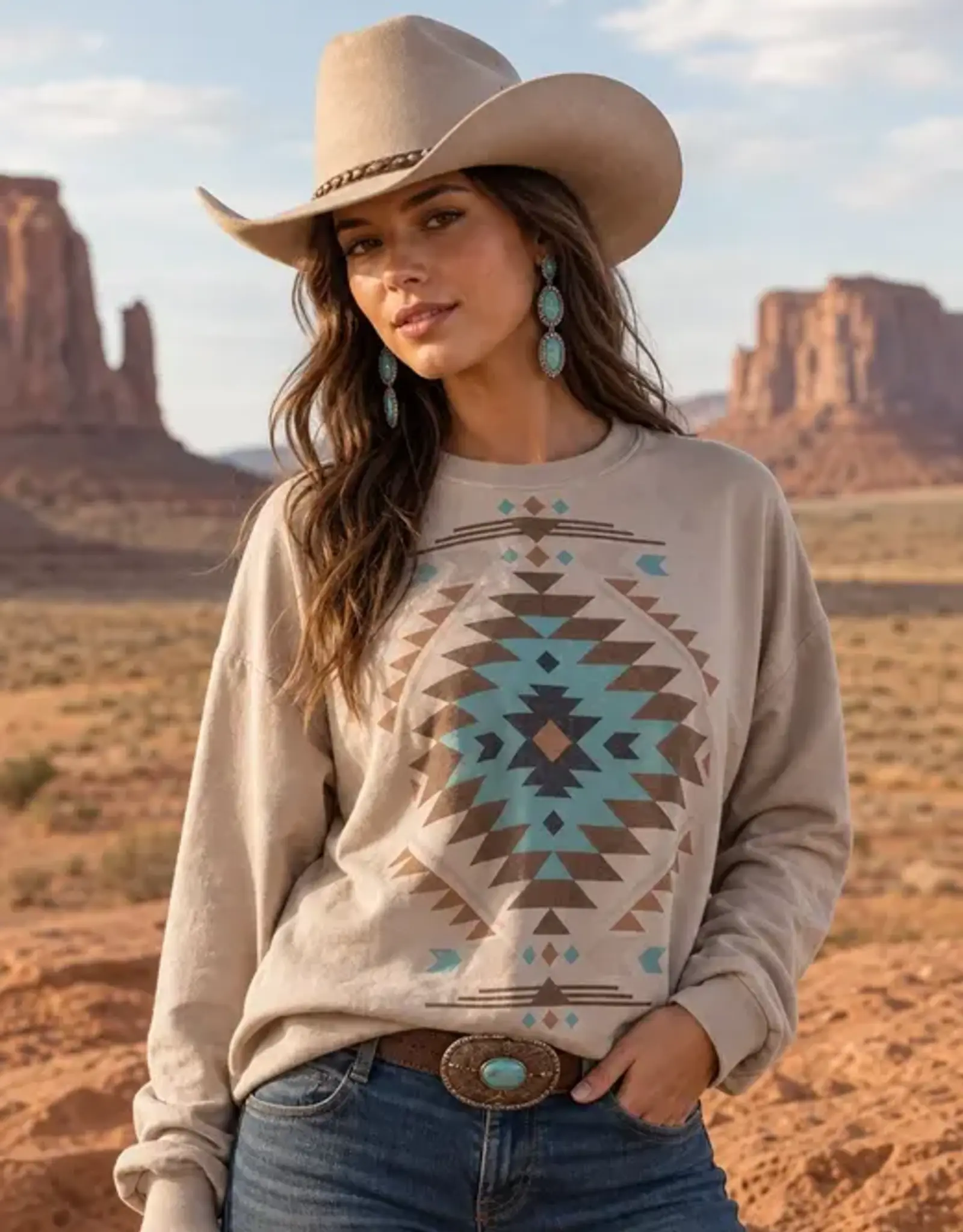 Womens Tan Aztec Long Sleeve French Terry Sweatshirt