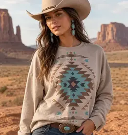 Womens Tan Aztec Long Sleeve French Terry Sweatshirt
