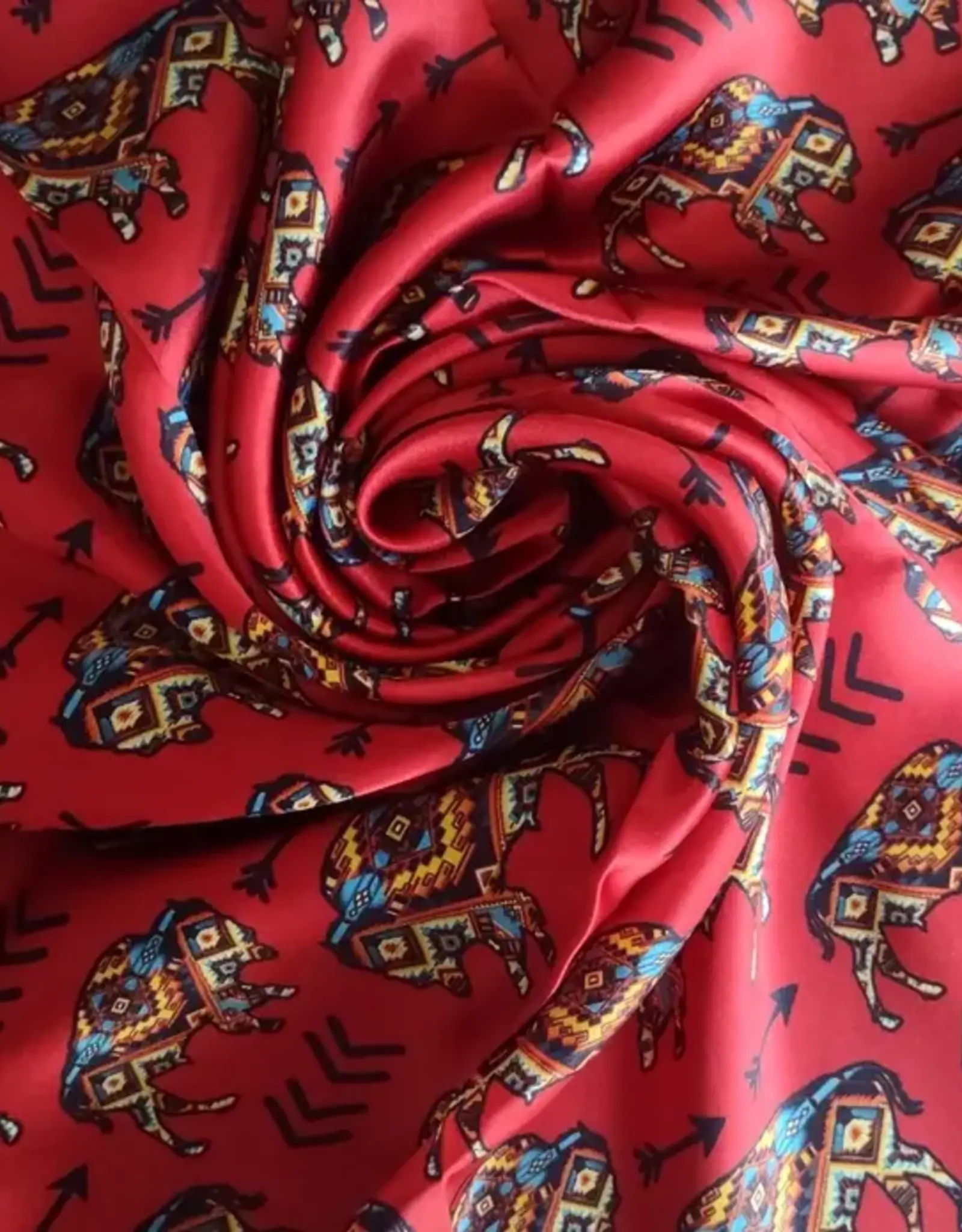 Wild Rag 100% Silk Red Aztec Bison Arrow Print 34x34