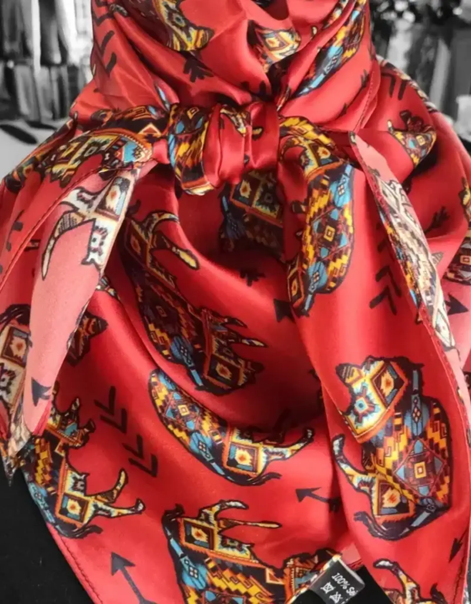 Wild Rag 100% Silk Red Aztec Bison Arrow Print 34x34