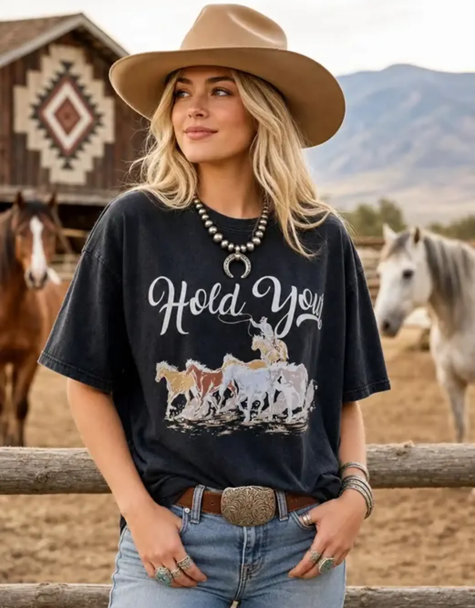 Womens Hold Your Horses Charcoal Oversized Mineral Wash Short Sleeve T Shirt