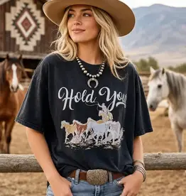 Womens Hold Your Horses Charcoal Oversized Mineral Wash Short Sleeve T Shirt