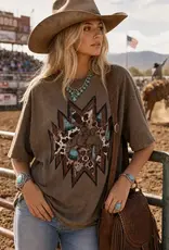 Womens Aztec Bucking Horse Mocha Oversized Mineral Wash Short Sleeve T Shirt