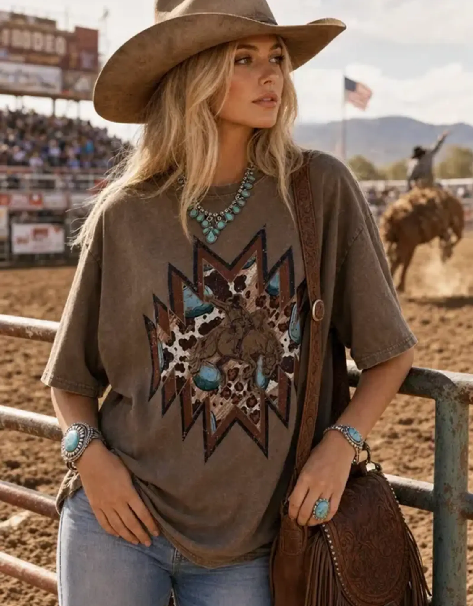 Womens Aztec Bucking Horse Mocha Oversized Mineral Wash Short Sleeve T Shirt