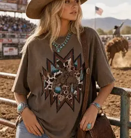 Womens Aztec Bucking Horse Mocha Oversized Mineral Wash Short Sleeve T Shirt