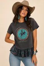 Womens Cowboy Graphic Paisley Peplum Short Sleeve Shirt