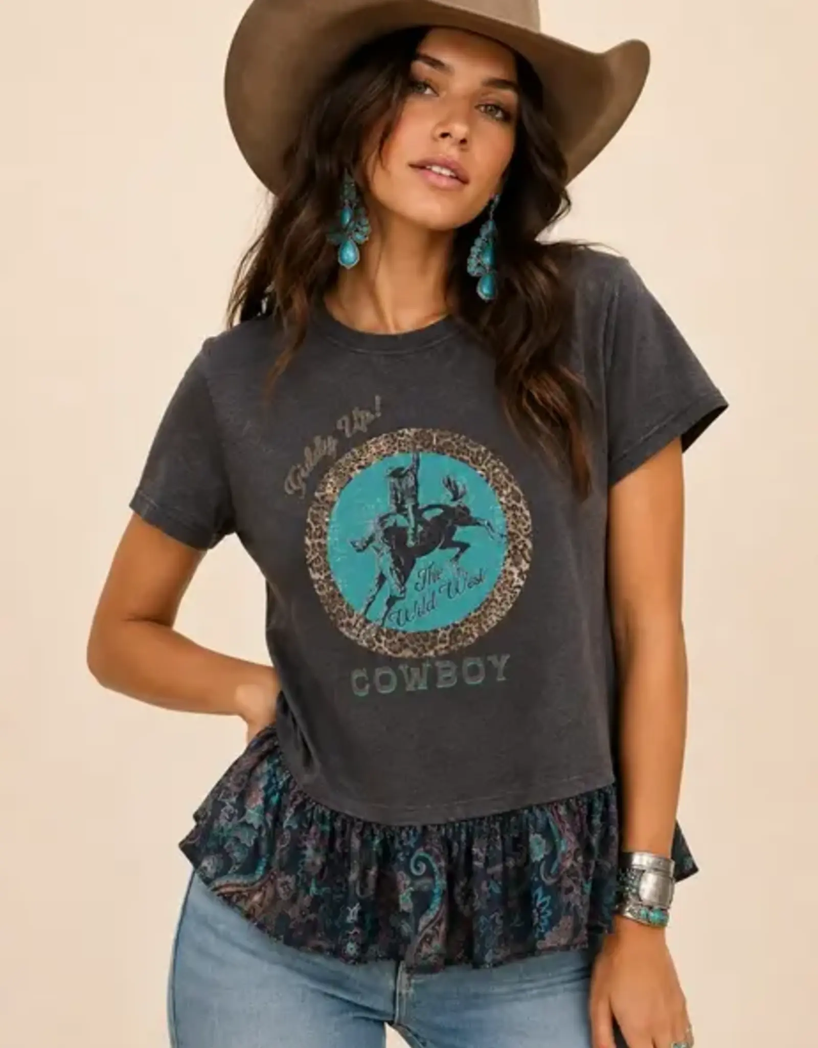 Womens Cowboy Graphic Paisley Peplum Short Sleeve Shirt