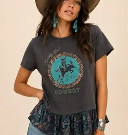 Womens Cowboy Graphic Paisley Peplum Short Sleeve Shirt