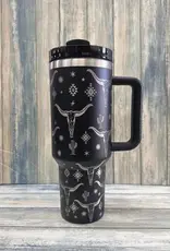Desheng Enterprise 40oz Black Long Horn Insulated Tumbler With Handle And Straw