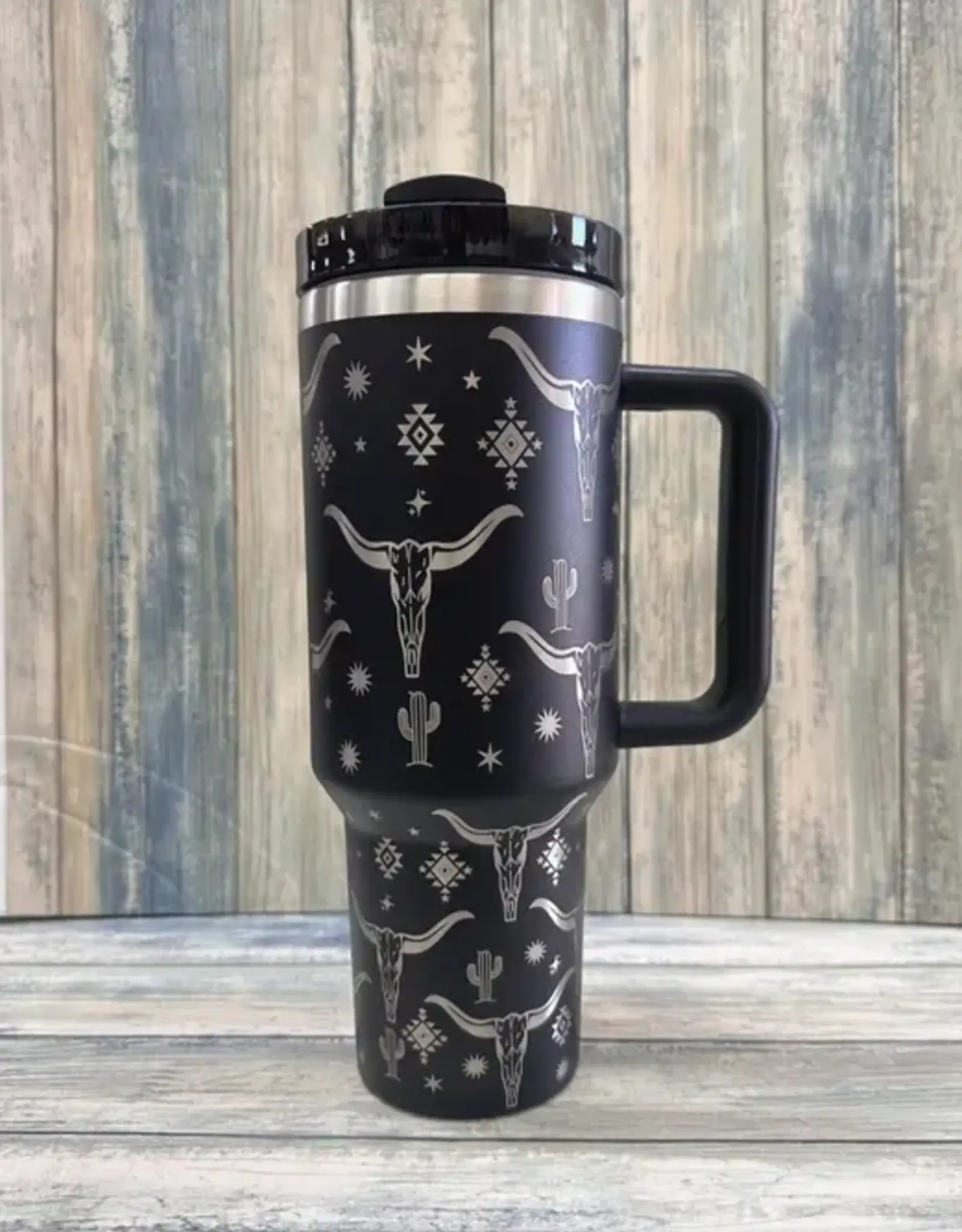 Desheng Enterprise 40oz Black Long Horn Insulated Tumbler With Handle And Straw
