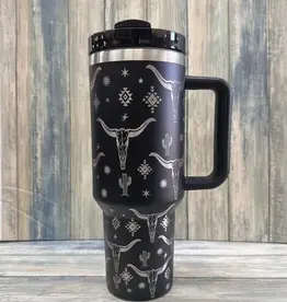 Desheng Enterprise 40oz Black Long Horn Insulated Tumbler With Handle And Straw