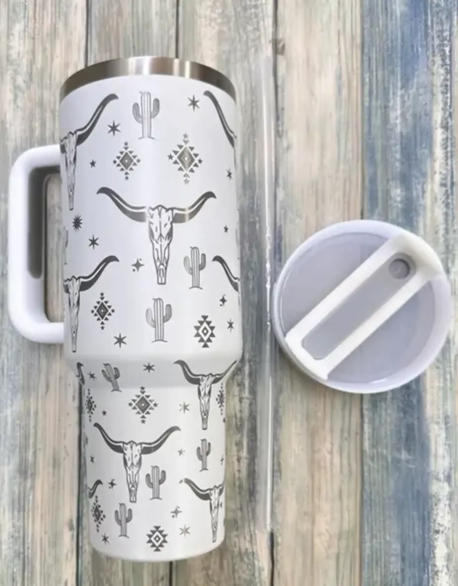 Desheng Enterprise 40oz White Long Horn Insulated Tumbler With Handle And Straw