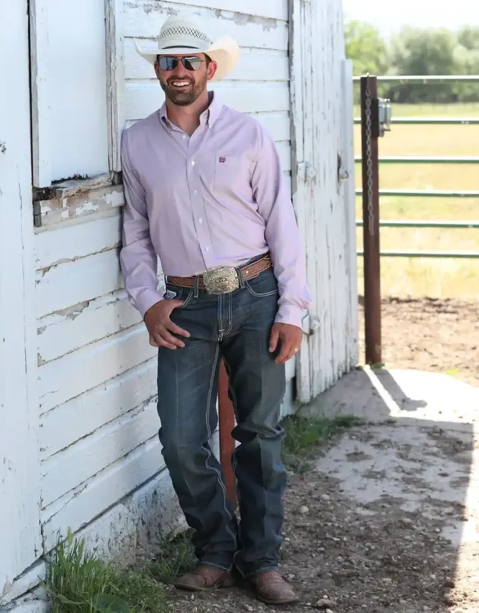 Cinch Mens Cinch Long Sleeve Pink Stripe Tencel Button Western Arena Shirt