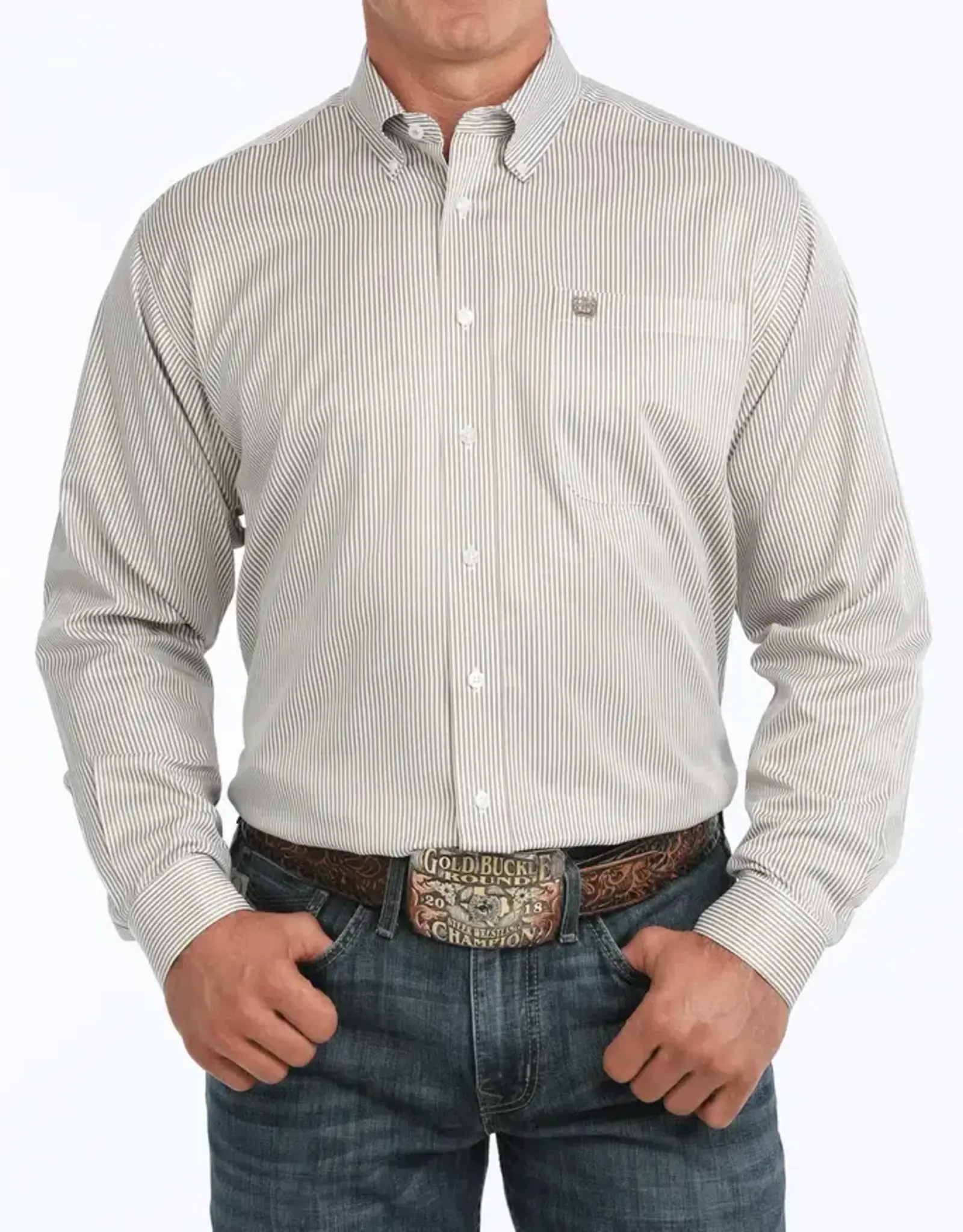 Cinch Mens Cinch Long Sleeve Khaki Stripe Tencel Button Western Arena Shirt