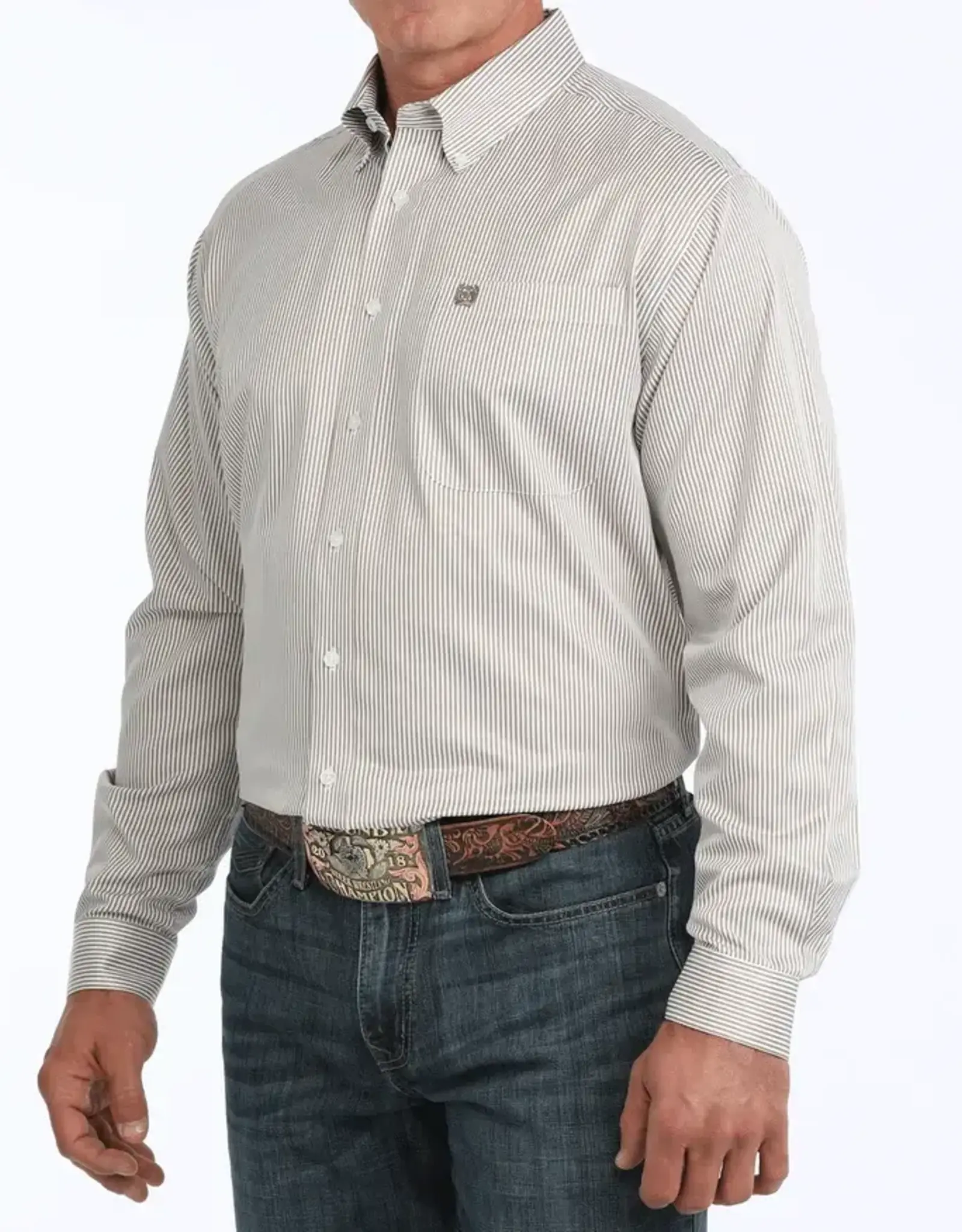 Cinch Mens Cinch Long Sleeve Khaki Stripe Tencel Button Western Arena Shirt