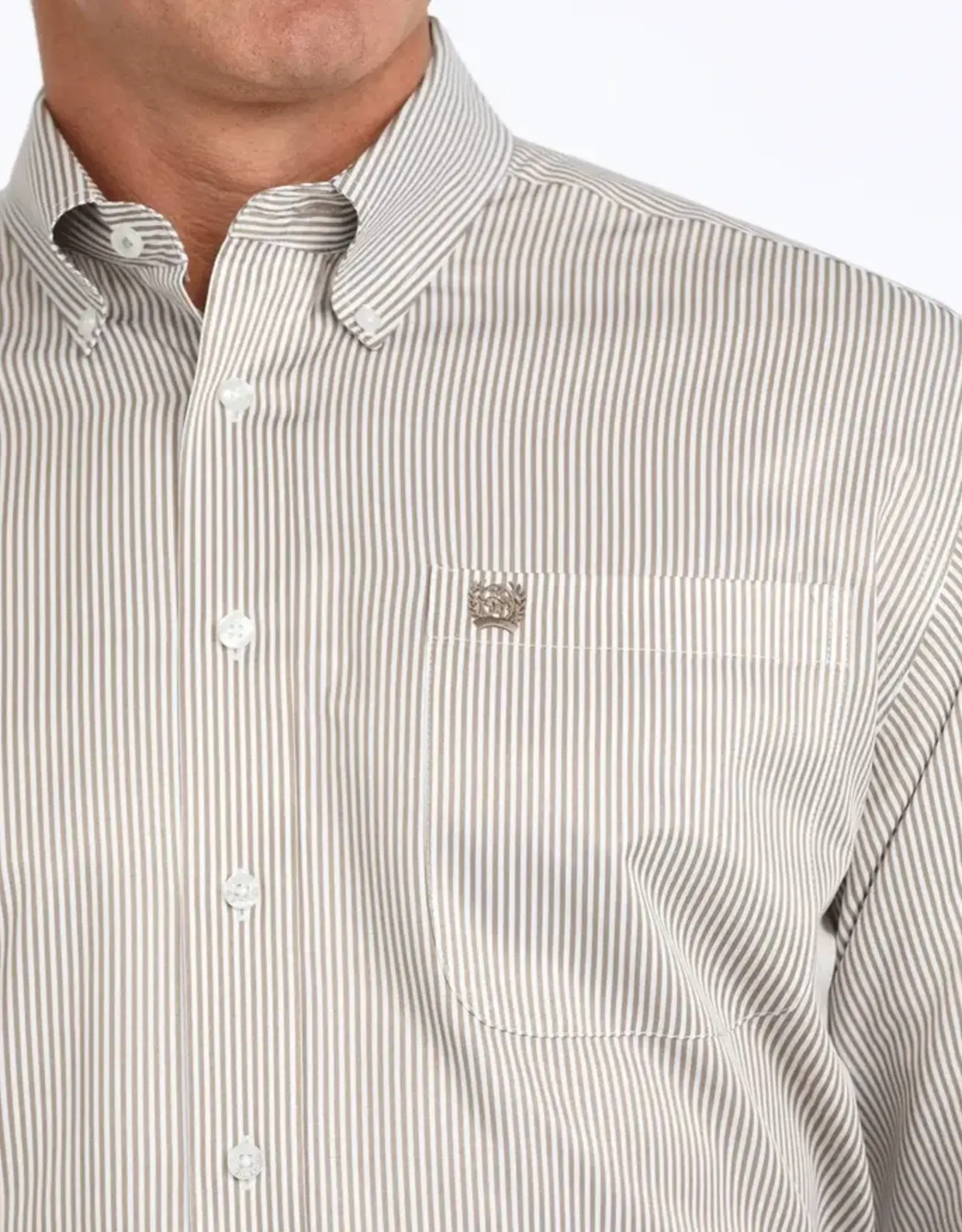 Cinch Mens Cinch Long Sleeve Khaki Stripe Tencel Button Western Arena Shirt