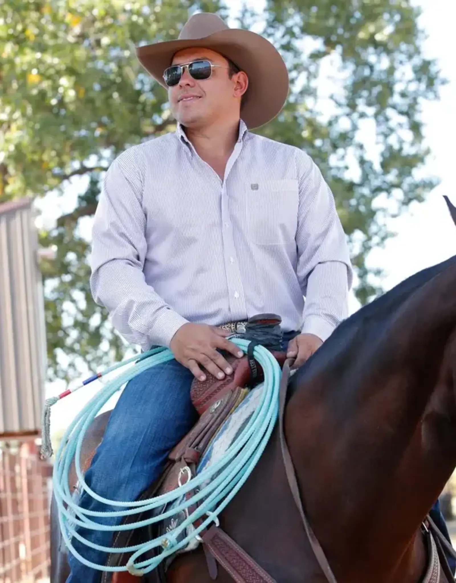 Cinch Mens Cinch Long Sleeve Khaki Stripe Tencel Button Western Arena Shirt