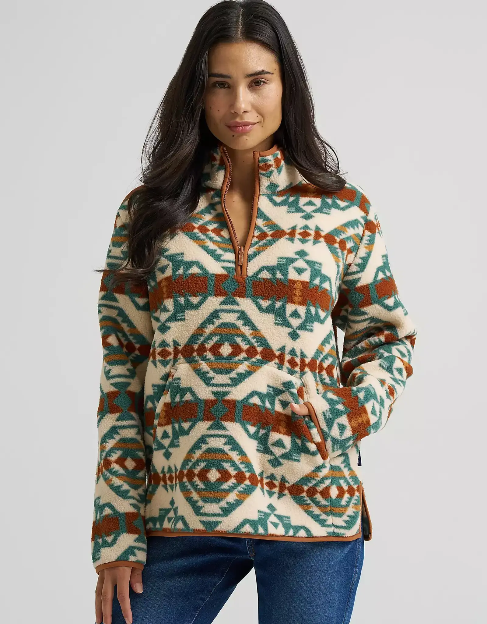 Womens Wrangler Western Tribal Aztec Sherpa Quarter Zip Pullover