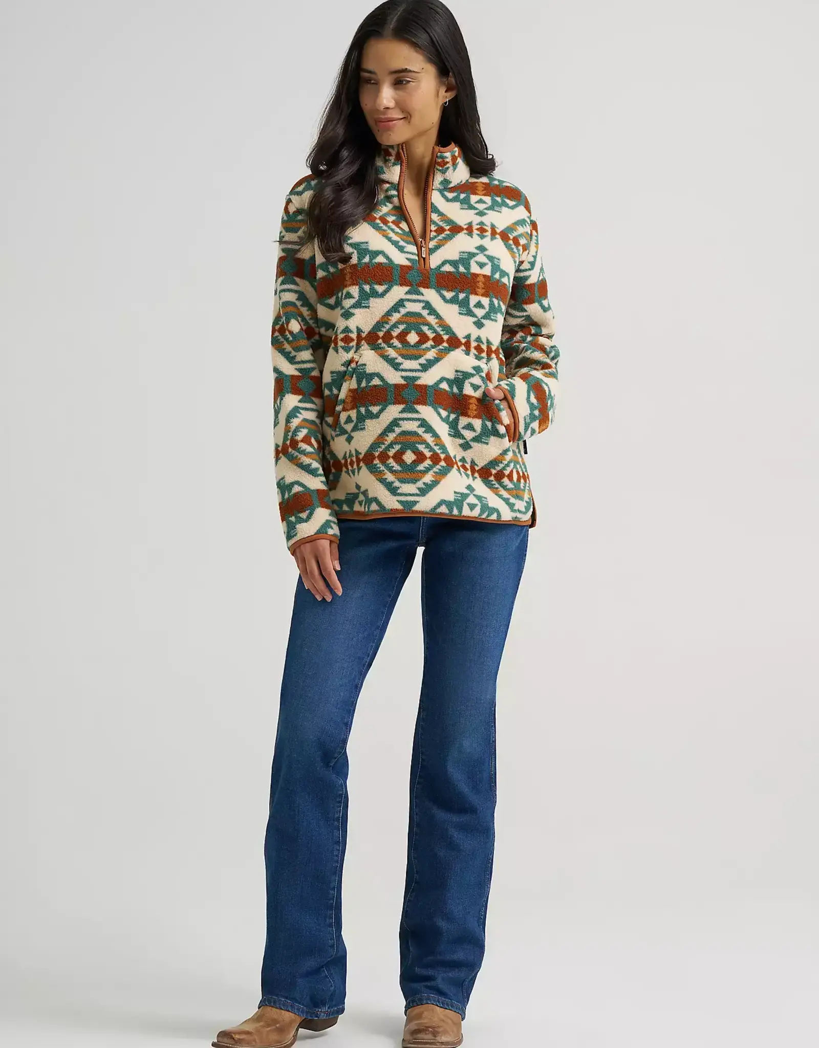 Womens Wrangler Western Tribal Aztec Sherpa Quarter Zip Pullover