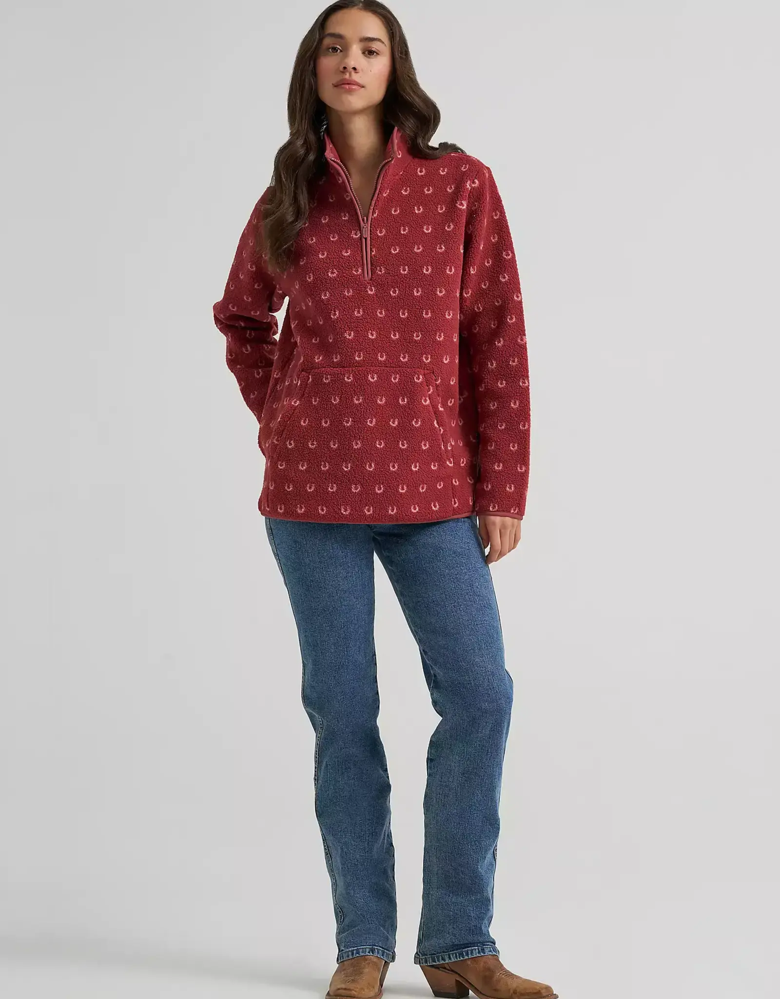 Womens Wrangler Red Horseshoe Sherpa Quarter Zip Pullover