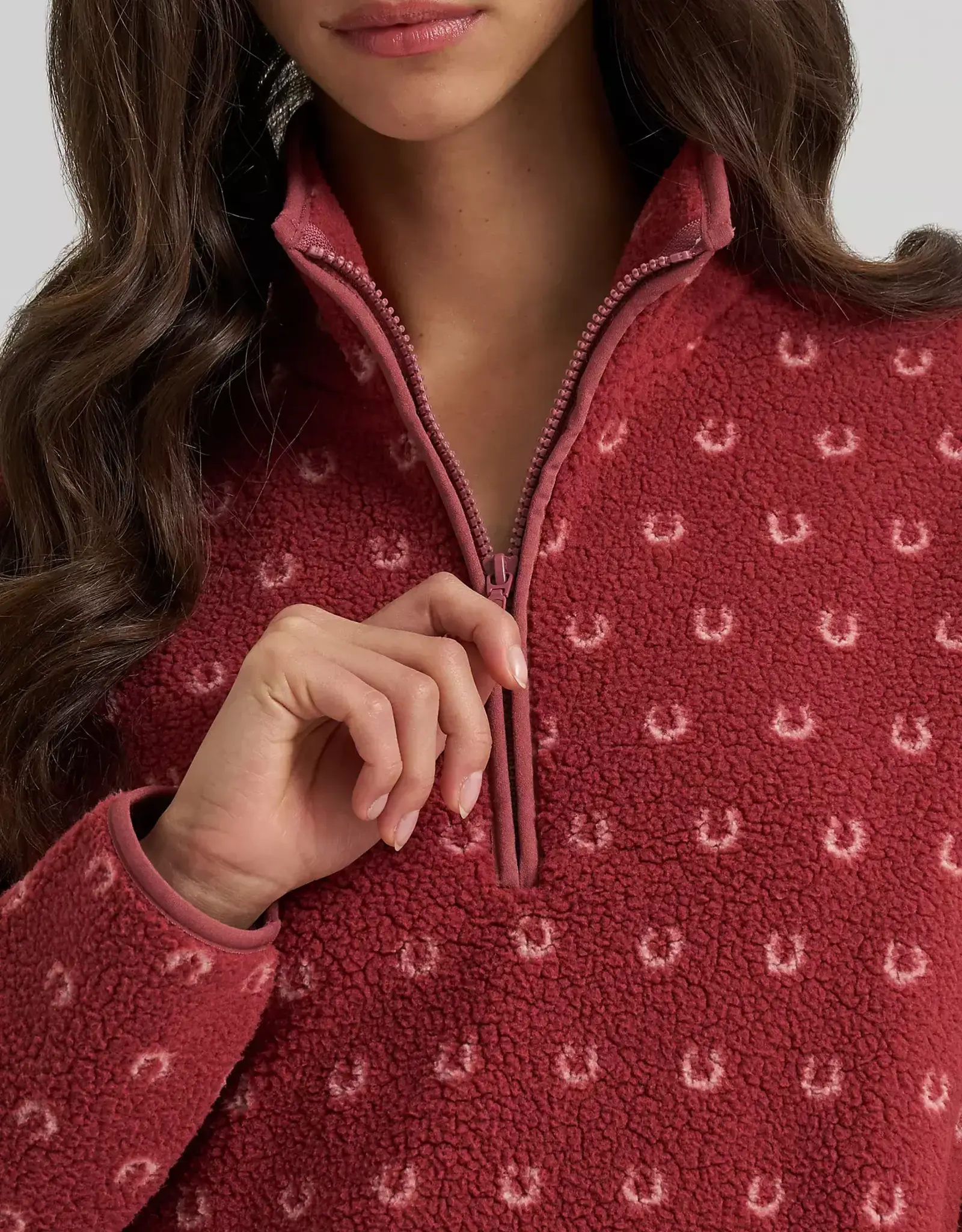 Womens Wrangler Red Horseshoe Sherpa Quarter Zip Pullover
