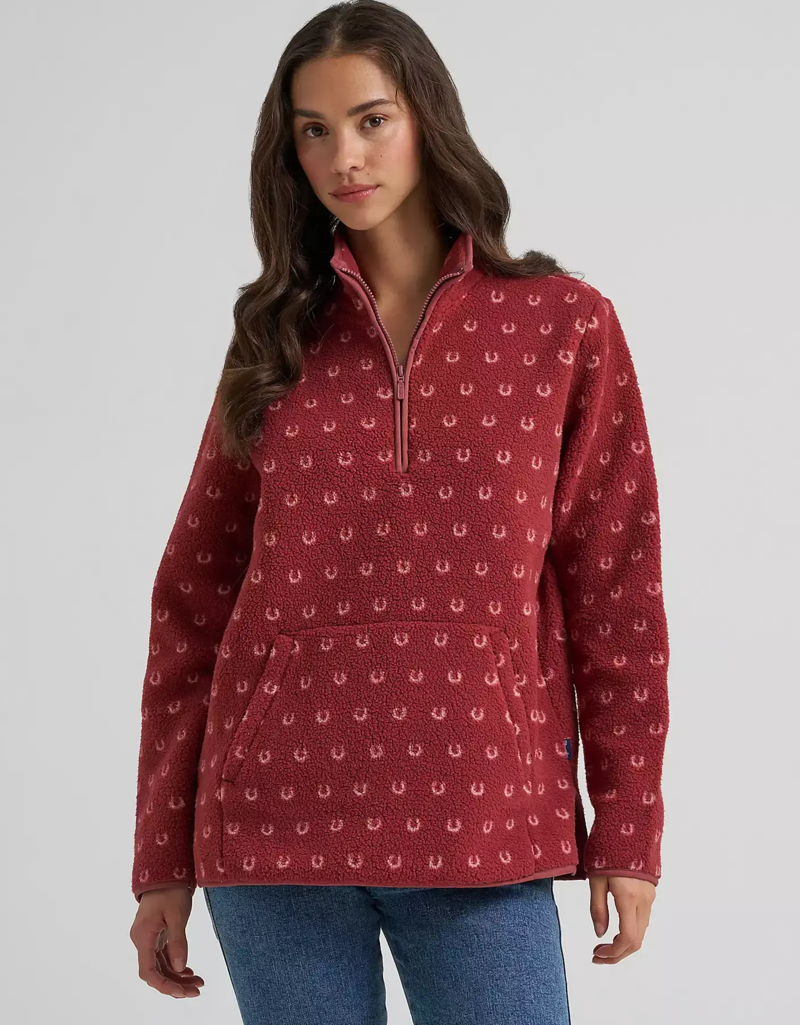 Womens Wrangler Red Horseshoe Sherpa Quarter Zip Pullover