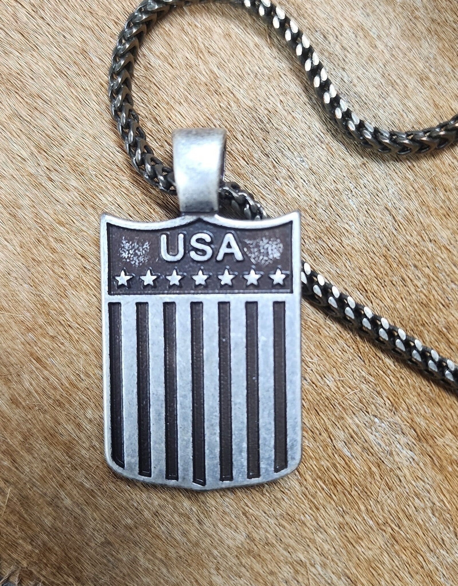 Mens 24" Matte Silver USA Flag Necklace