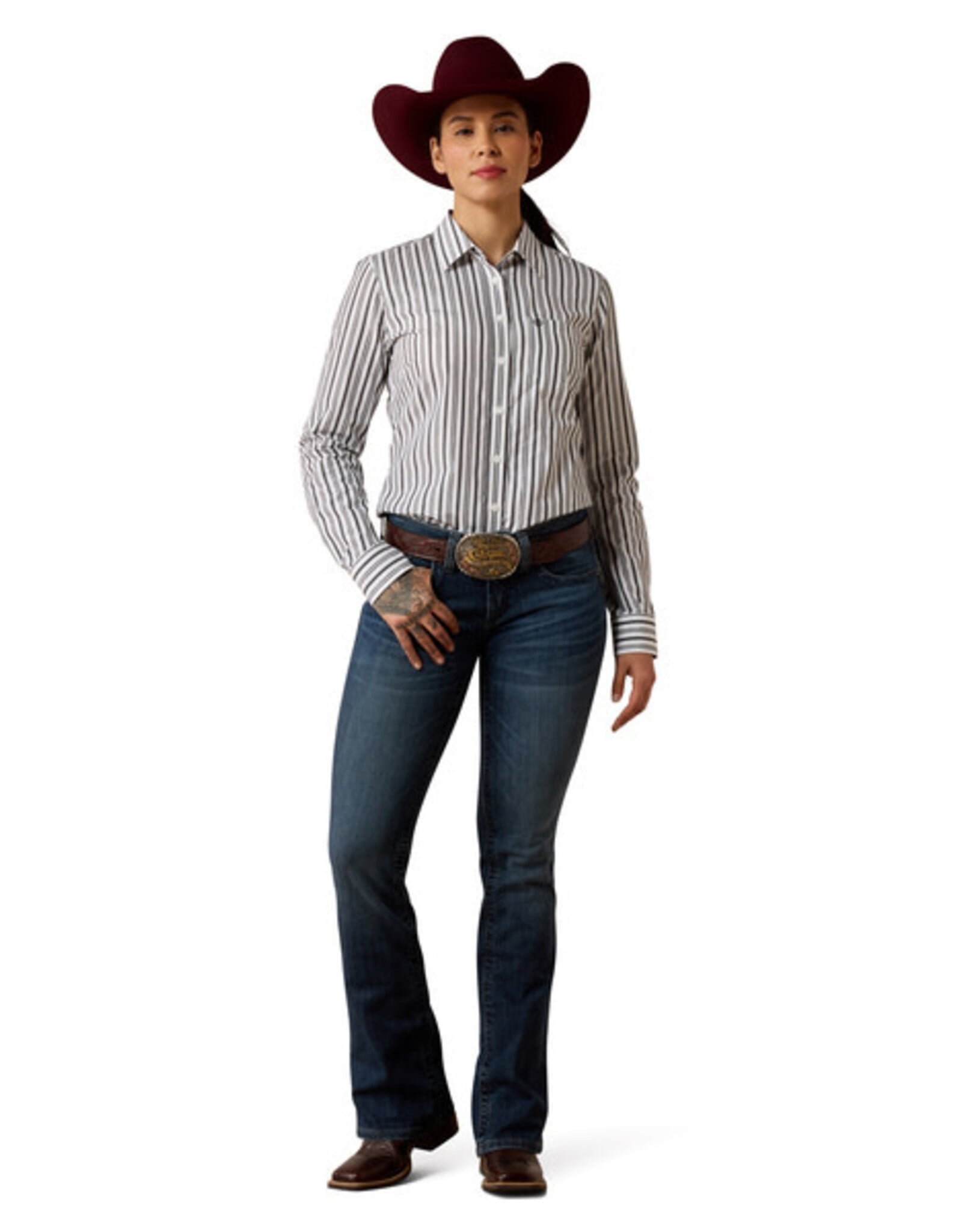 Ariat Womens Ariat Kirby Silver Metallic Black White Stripe Long Sleeve Button Western Arena Shirt