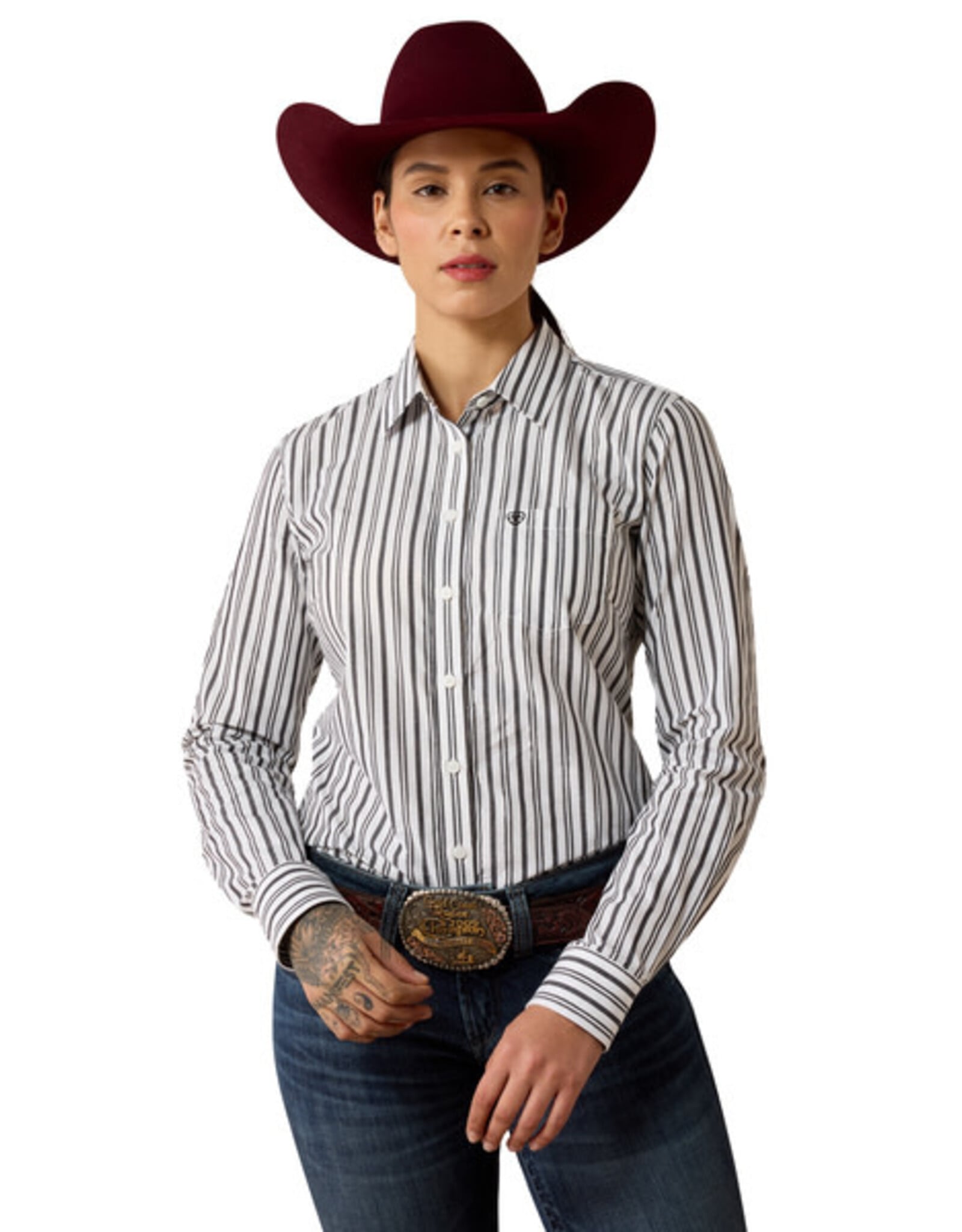Ariat Womens Ariat Kirby Silver Metallic Black White Stripe Long Sleeve Button Western Arena Shirt
