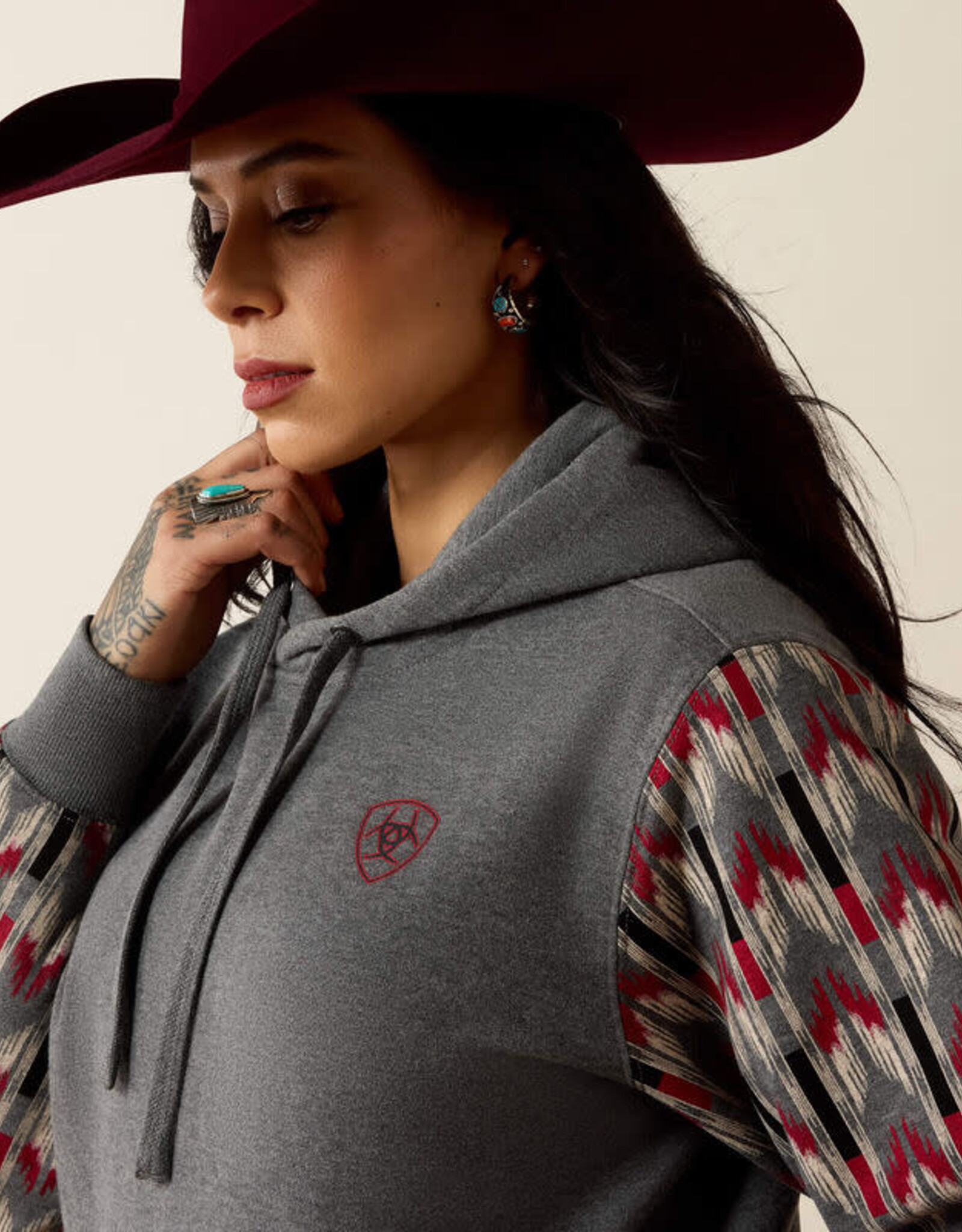 Ariat Womens Ariat Logo 2.0 Grey Red Aztec Block Pullover Hoodie