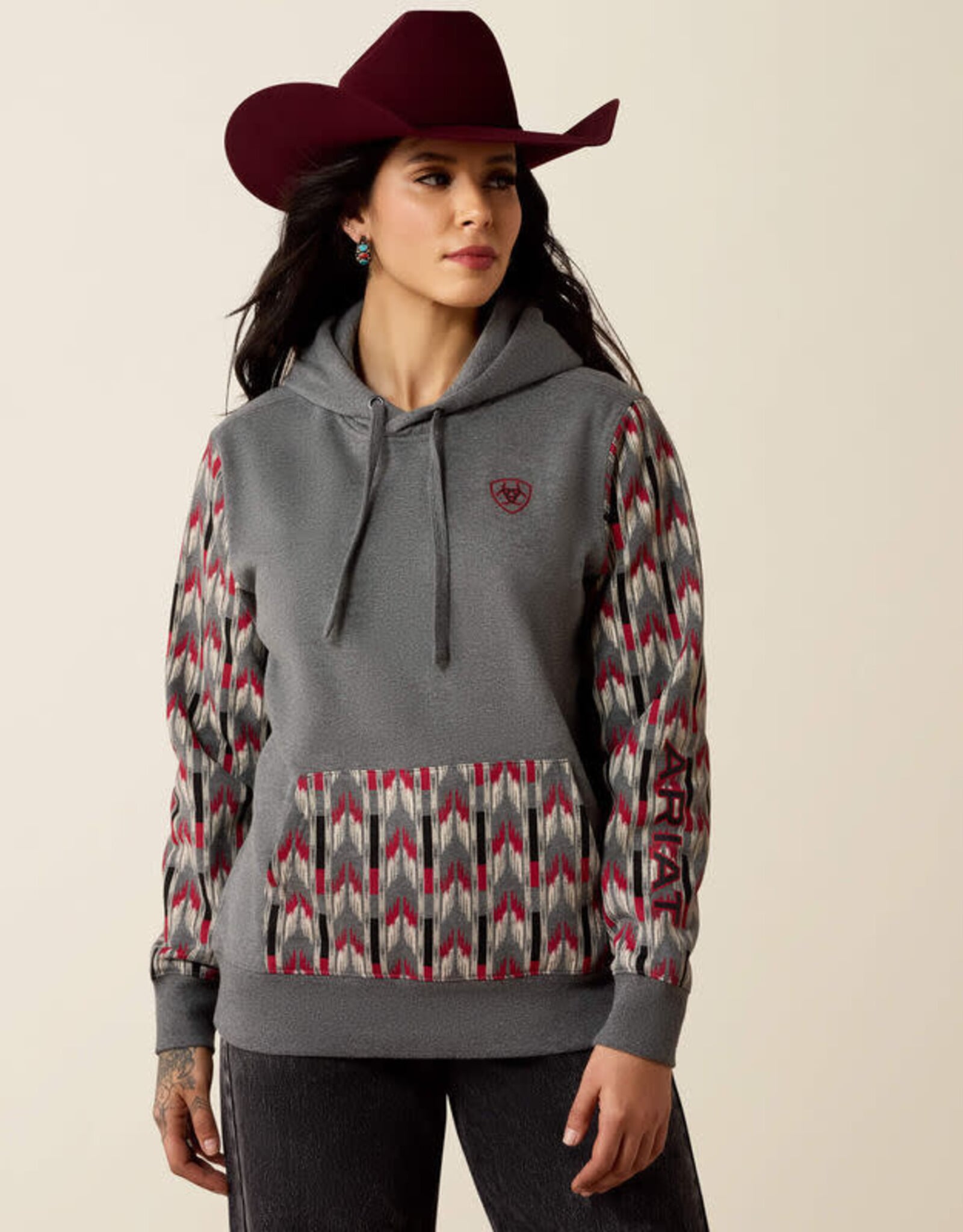 Ariat Womens Ariat Logo 2.0 Grey Red Aztec Block Pullover Hoodie