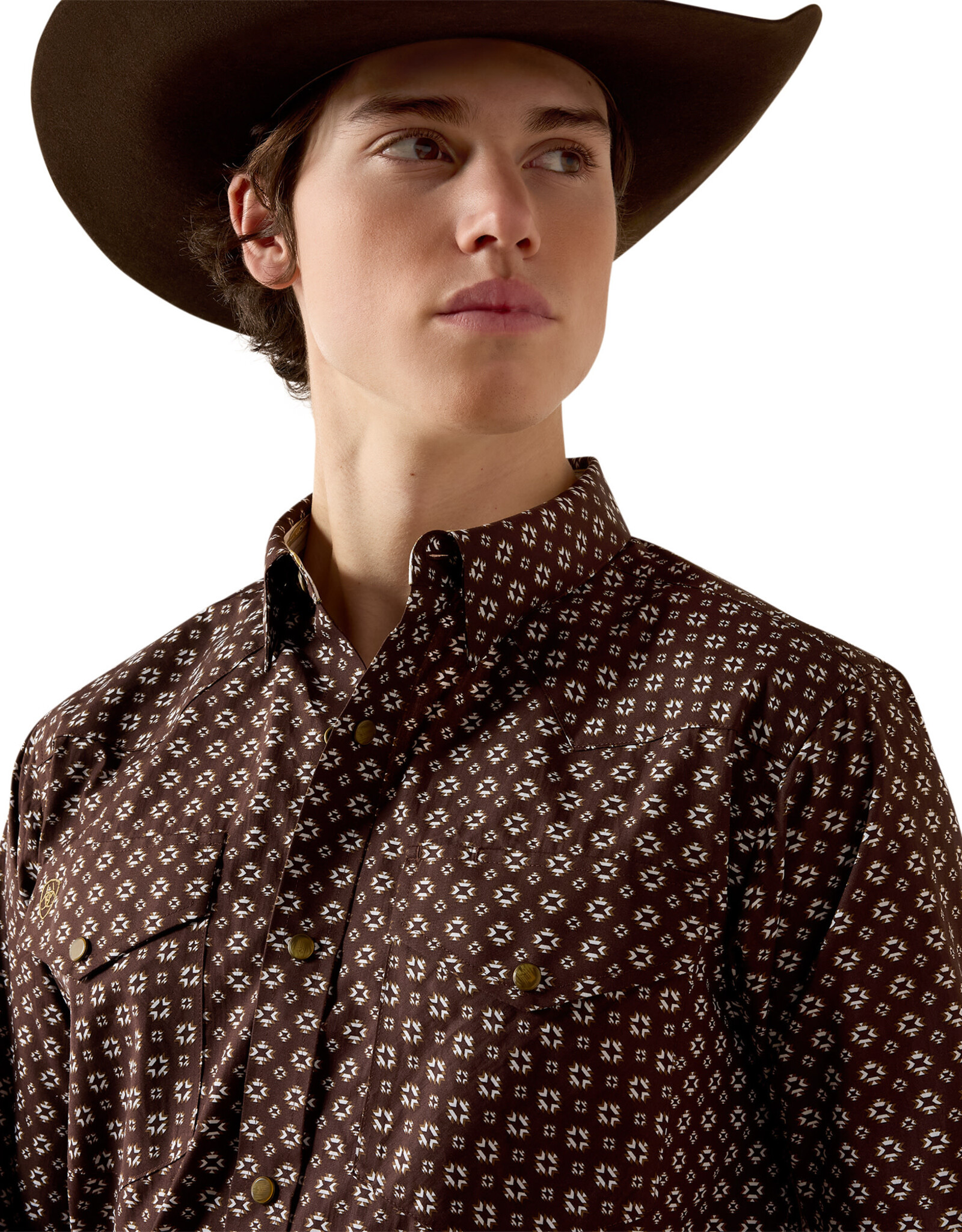 Ariat Mens Ariat Wrinkle Free Coffee Bean Mini Aztec Print Snap Western Shirt