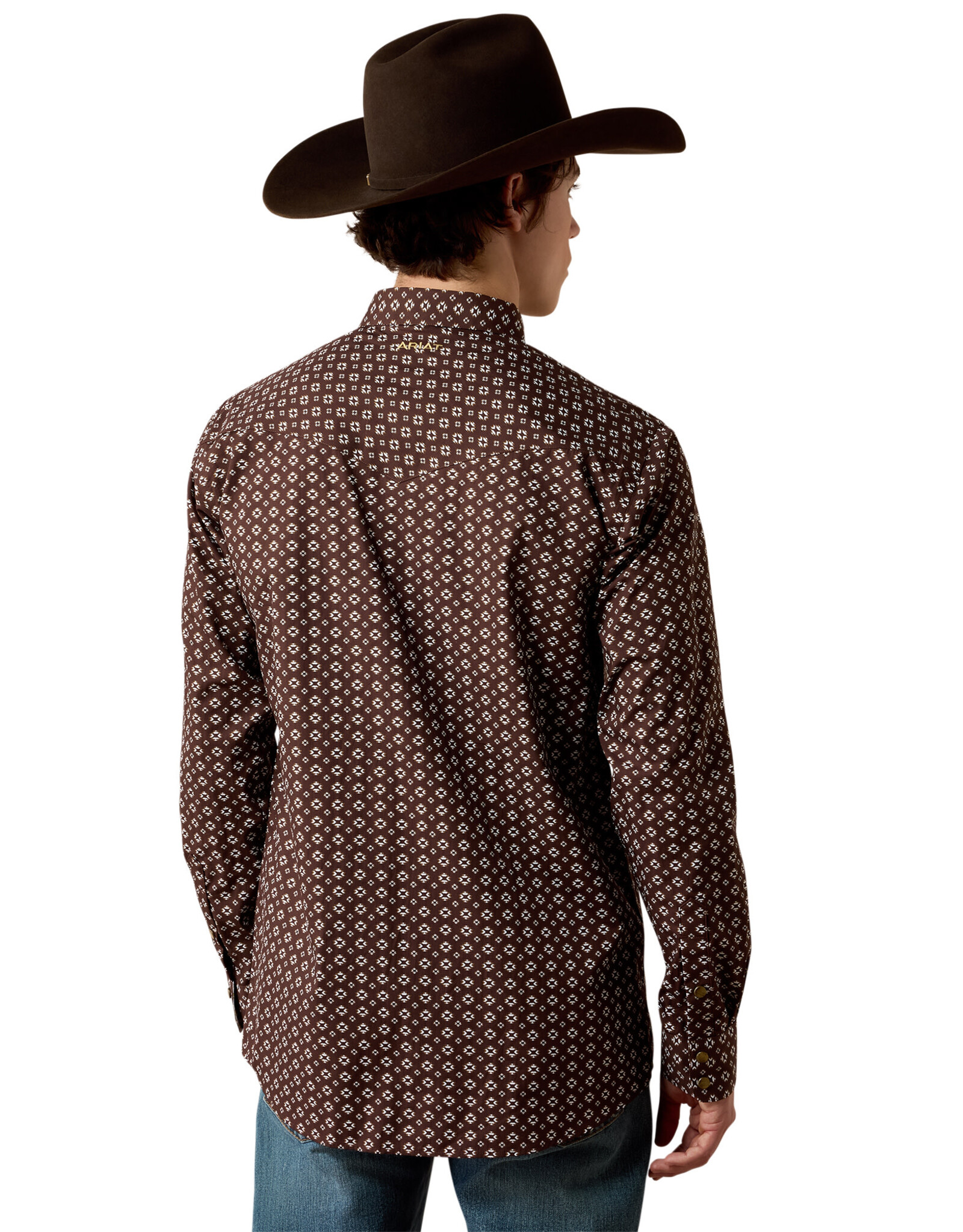 Ariat Mens Ariat Wrinkle Free Coffee Bean Mini Aztec Print Snap Western Shirt