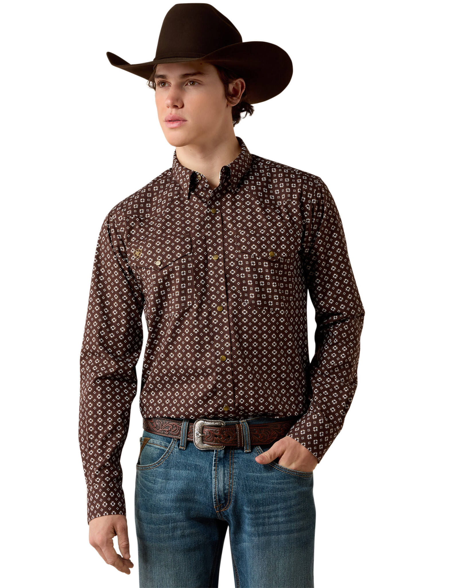 Ariat Mens Ariat Wrinkle Free Coffee Bean Mini Aztec Print Snap Western Shirt