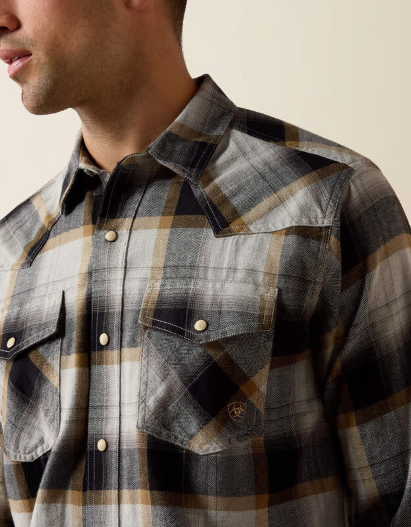 Ariat Mens Ariat Retro Heintz Grey Light Flannel Snap Western Shirt