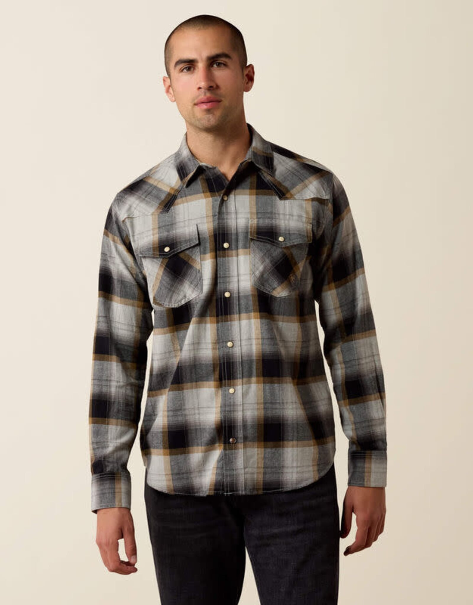 Ariat Mens Ariat Retro Heintz Grey Light Flannel Snap Western Shirt