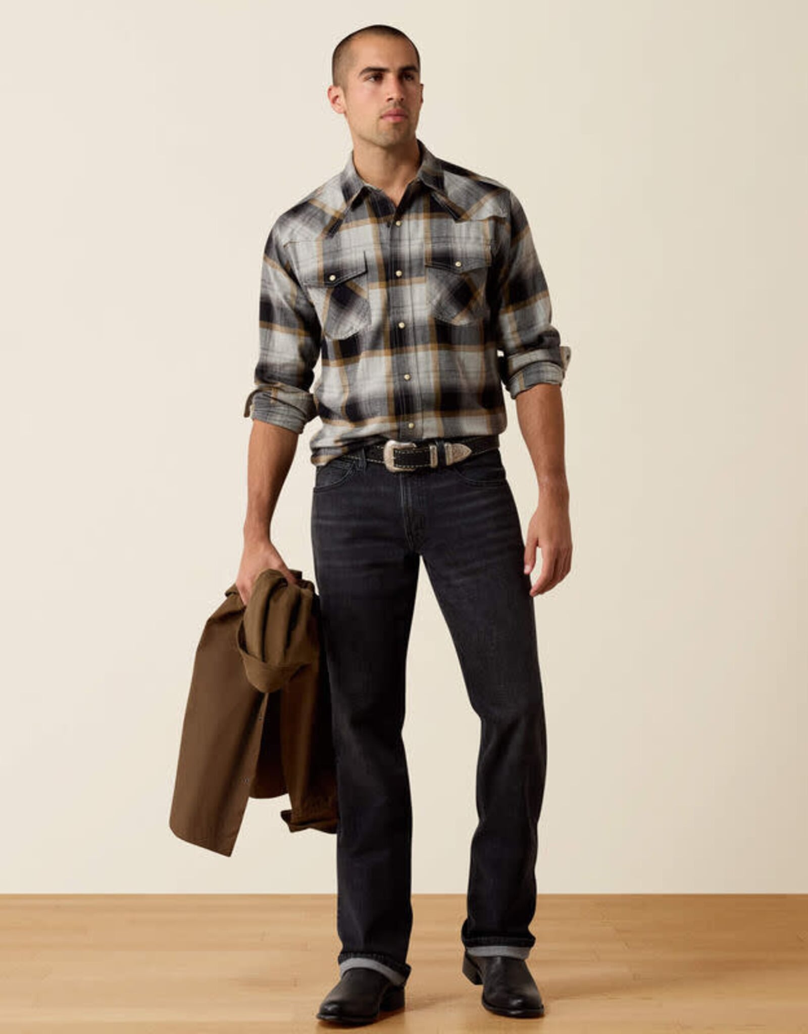 Ariat Mens Ariat Retro Heintz Grey Light Flannel Snap Western Shirt