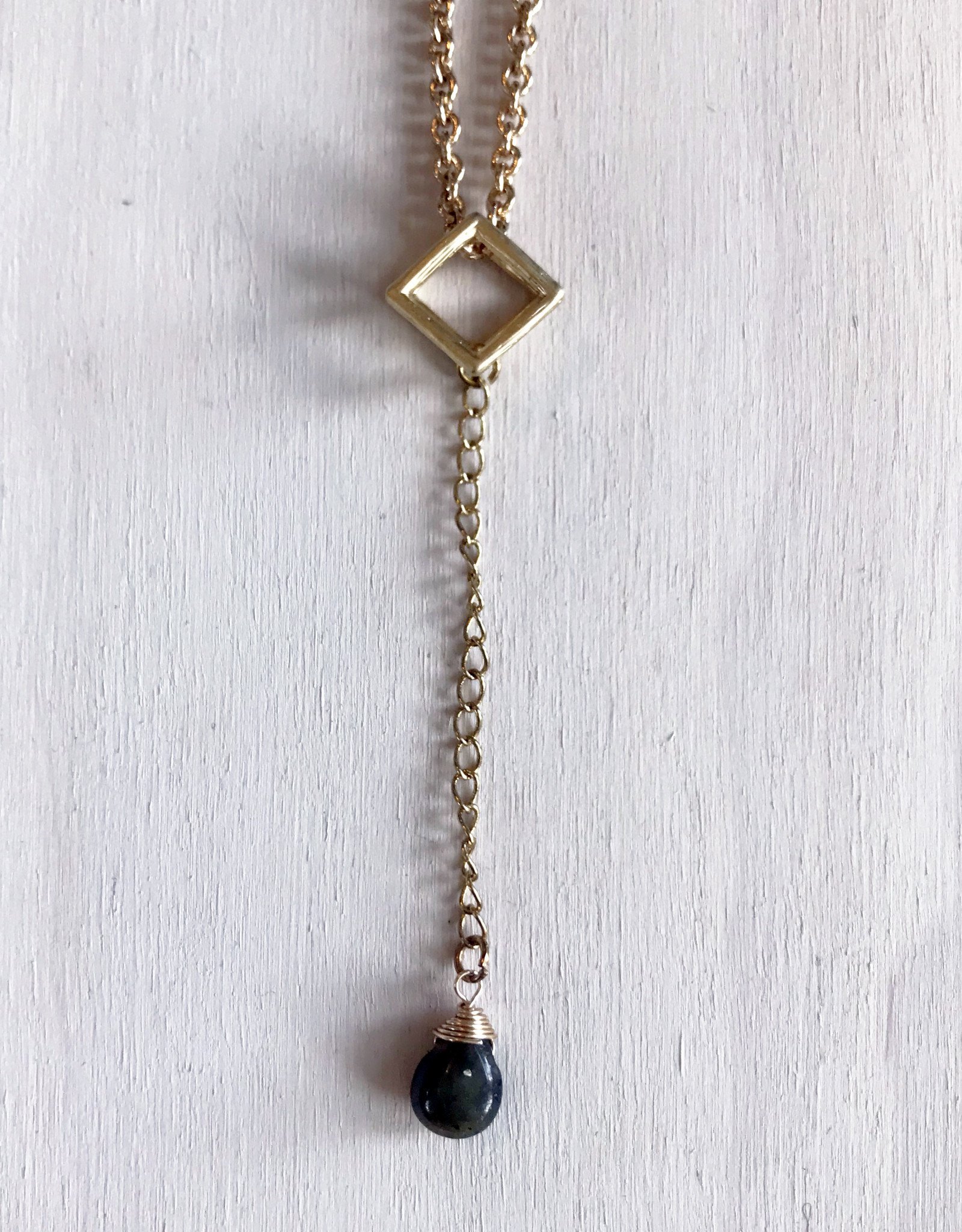 Devil May Wear Polyhedron Necklace.Gold Plated. Labradorite Droplet. 22"
