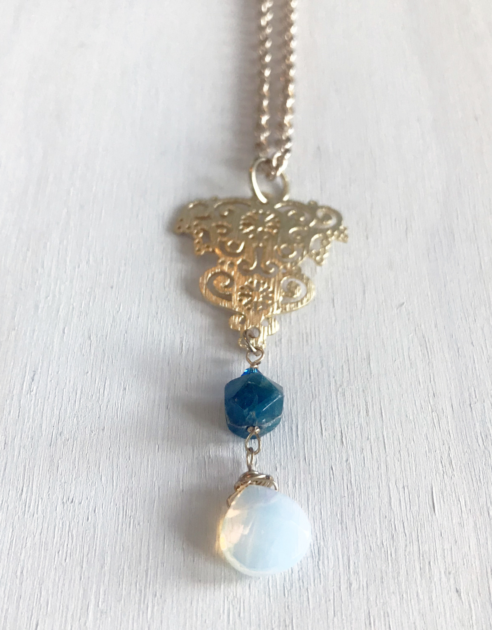 Devil May Wear Storytime Necklace. Rough Apatite stone with Moonstone drop. Swarovski Crystal. Gold plated chain. 24"