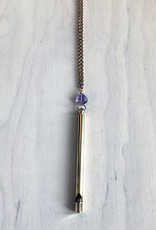 Devil May Wear Long Whistle Necklace. Amethyst Bead. Gold Plated Chain and Whistle. 16.5"