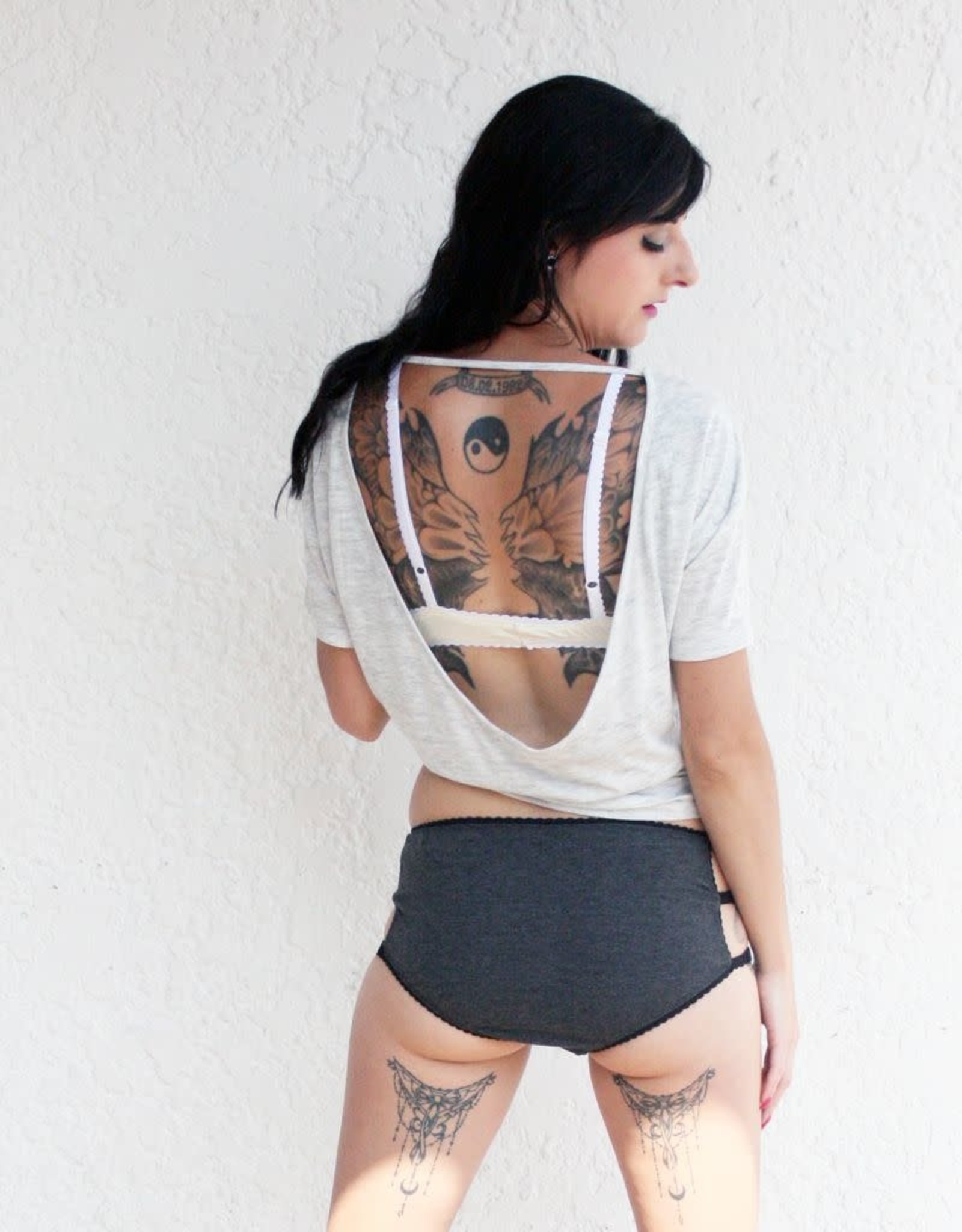 Devil May Wear Cage Panties. Bamboo blend. Adjustable size tabs. Mid Rise. Heather Grey/Black
