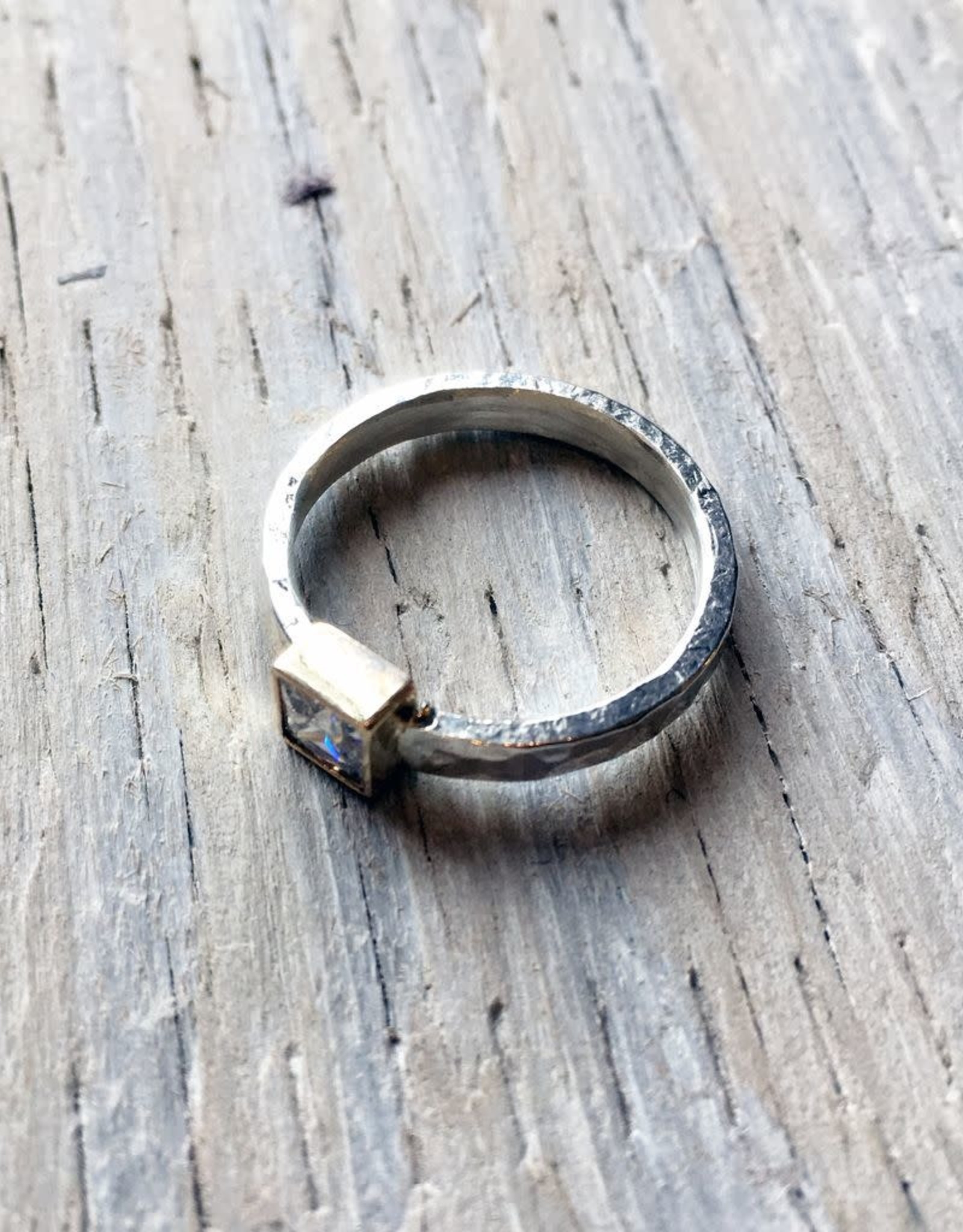 Chris Gillrie Northern Star Ring. Square Cubic Zirconia in 14K Yellow Gold Setting. Solid Silver hammered band. Size 6.5