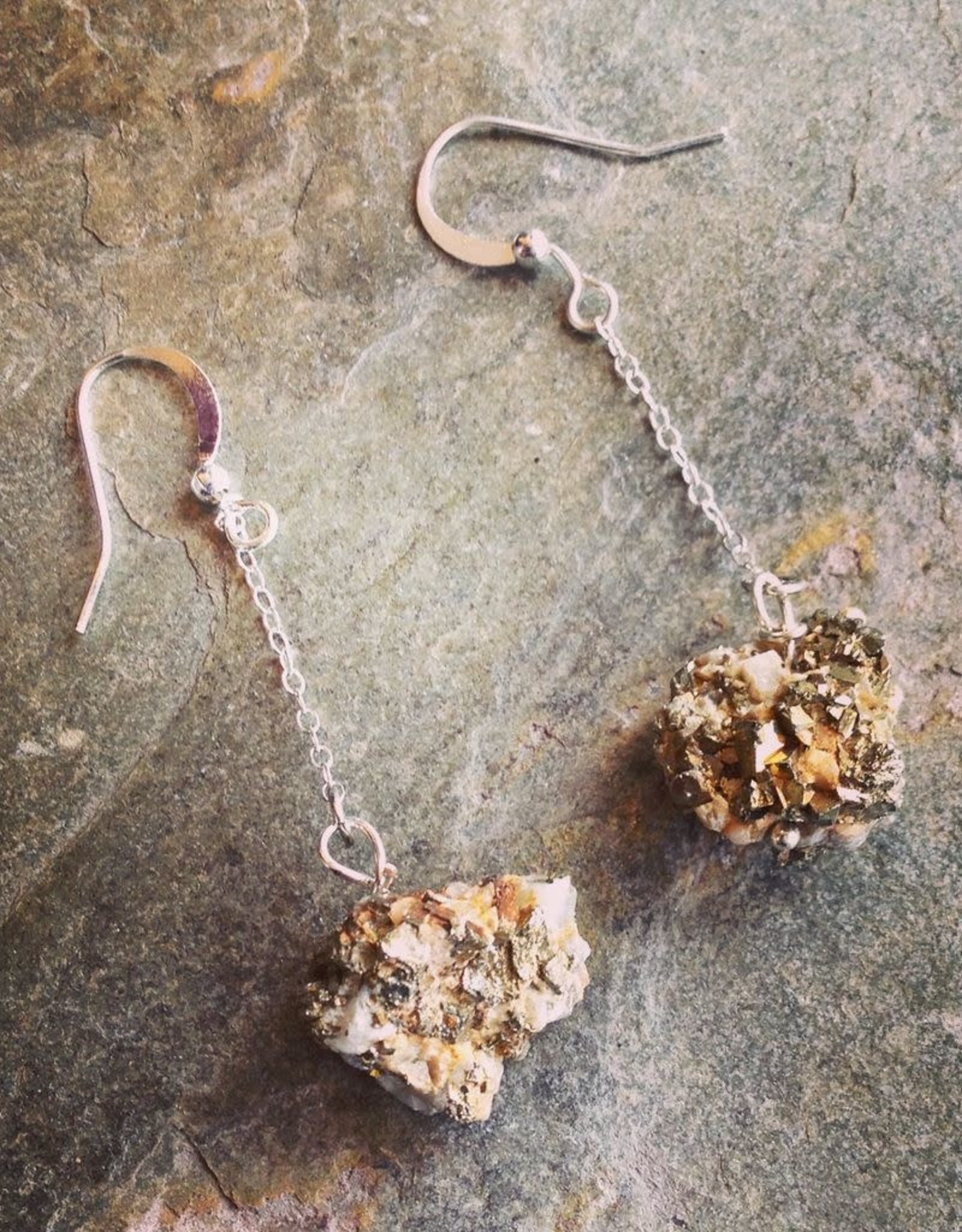 Devil May Wear Steph Rough Pyrite Earrings. Rough Pyrite stones on Silver Plated Chain. 2.5"